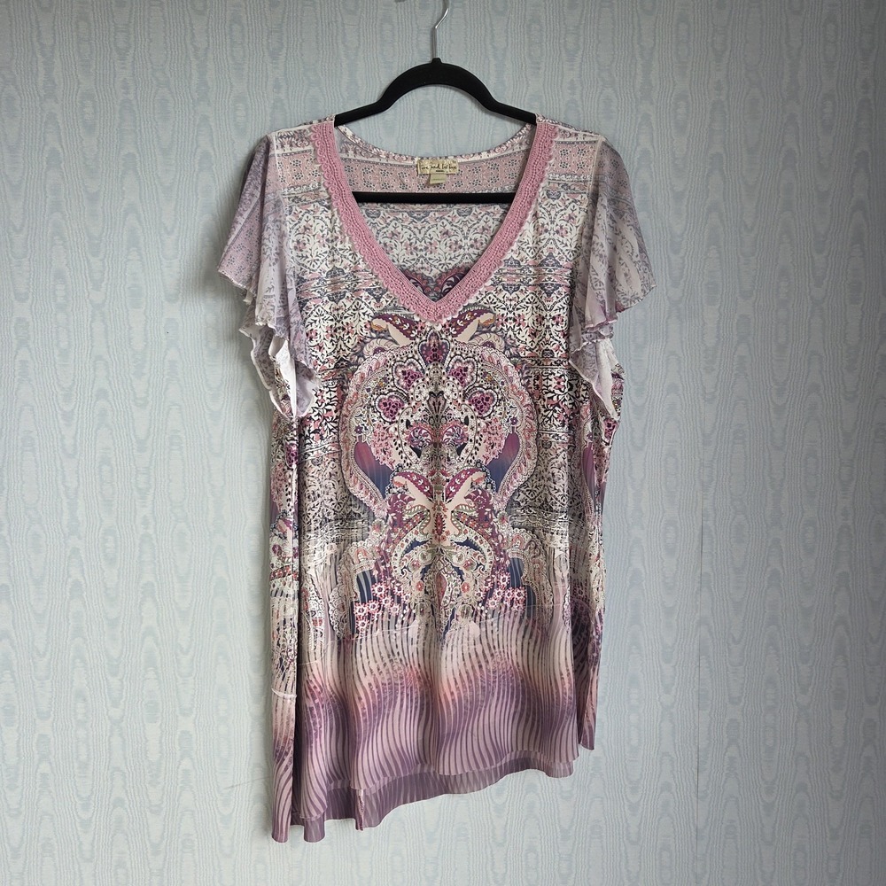 Live &‎ Let Live Womens 1X Top Tunic Rhinestone Y2K Asymmetric Boho Hippie Indie